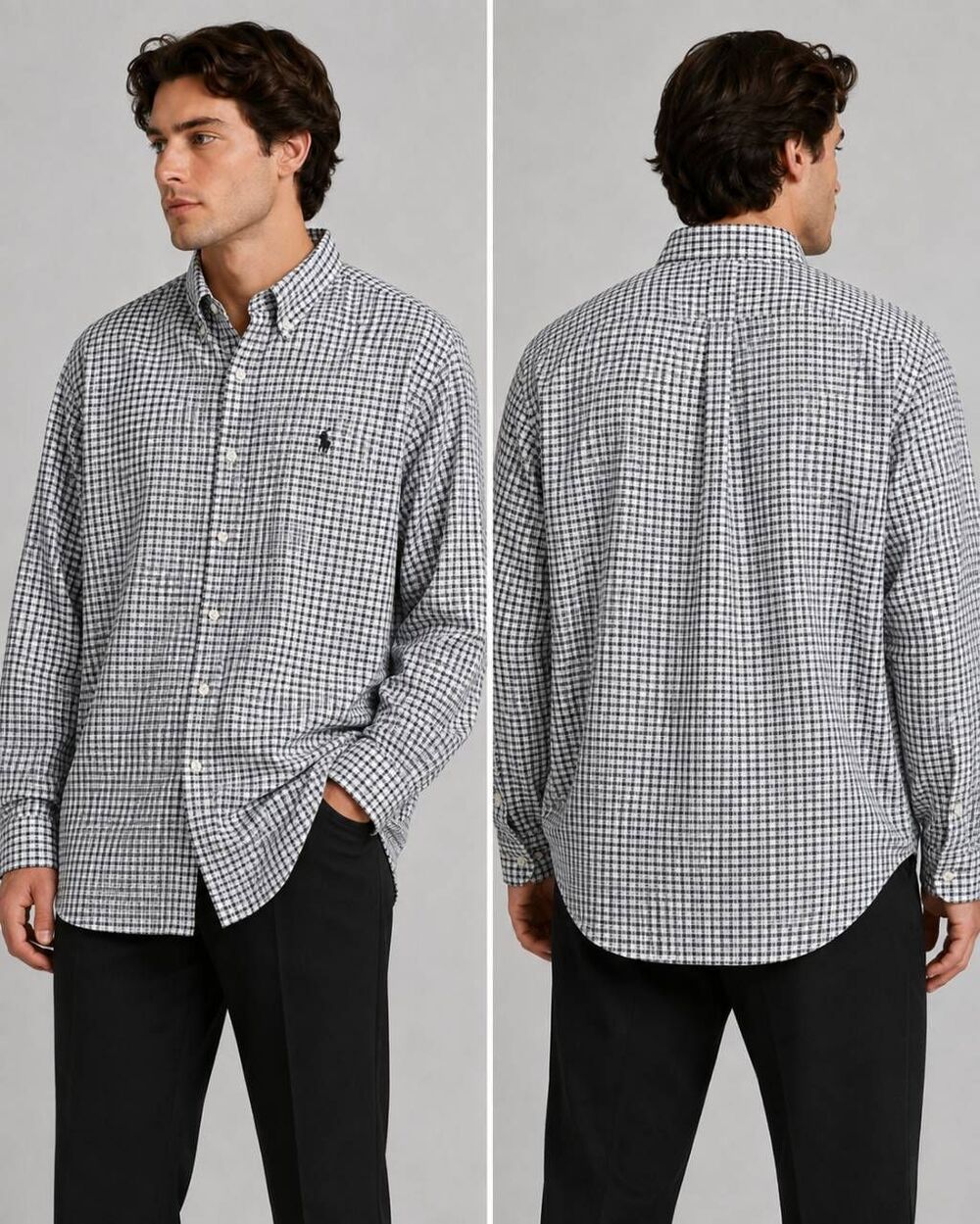 Ralph Lauren Luxury Twill Shirt Men XL Black White Plaid Check Cotton Pony